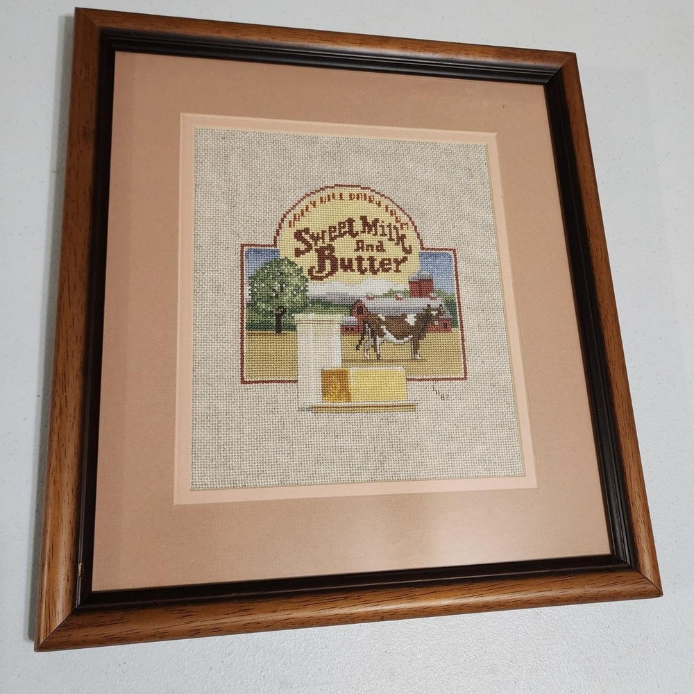 Vintage 1987‎ Handmade Cross Stitch Sweet Milk and Butter Dairy Farm Framed Art